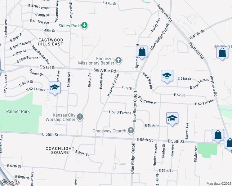 map of restaurants, bars, coffee shops, grocery stores, and more near 8627 East 52nd Terrace in Kansas City