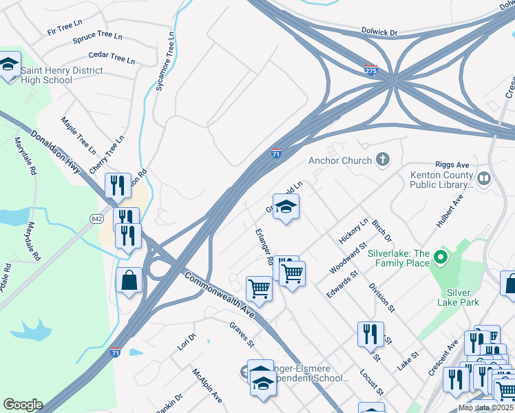 map of restaurants, bars, coffee shops, grocery stores, and more near 547 Greenfield Lane in Erlanger