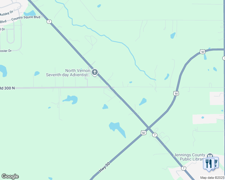 map of restaurants, bars, coffee shops, grocery stores, and more near 2990 State Highway 7 in North Vernon