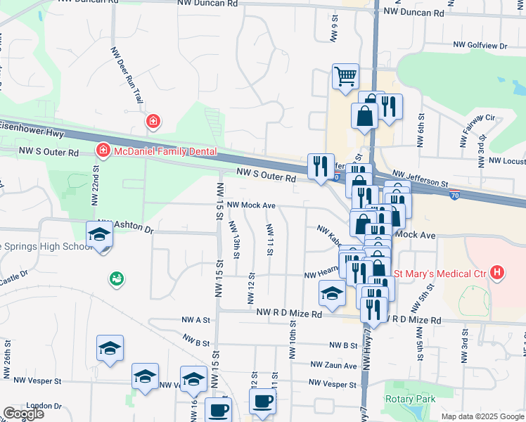 map of restaurants, bars, coffee shops, grocery stores, and more near 906 Northwest 11 Street in Blue Springs