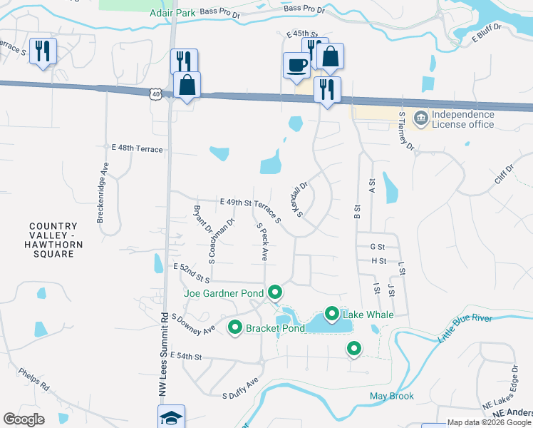 map of restaurants, bars, coffee shops, grocery stores, and more near 16912 East 49th Street Terrace South in Independence