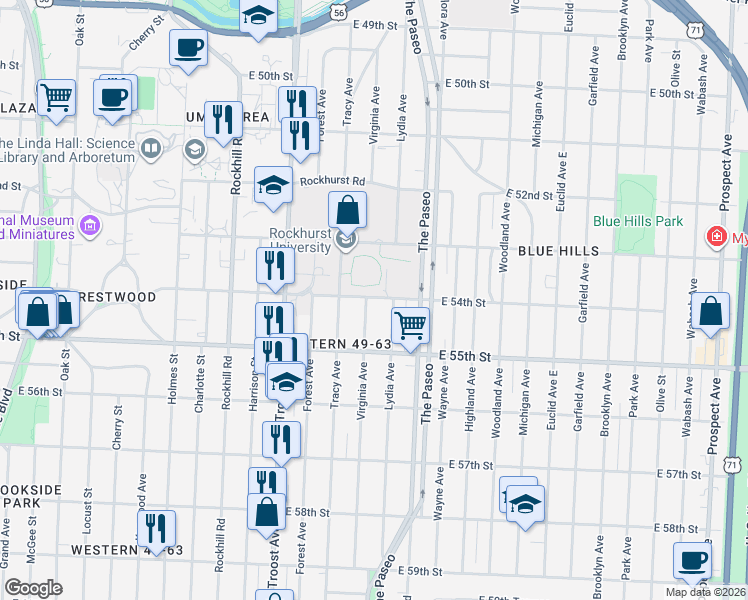 map of restaurants, bars, coffee shops, grocery stores, and more near 5408 Virginia Avenue in Kansas City
