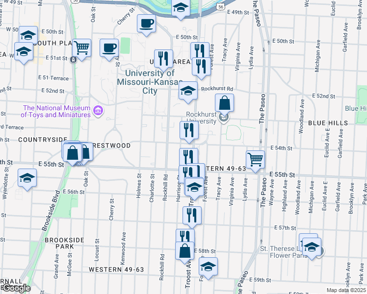 map of restaurants, bars, coffee shops, grocery stores, and more near 5408 Harrison Street in Kansas City