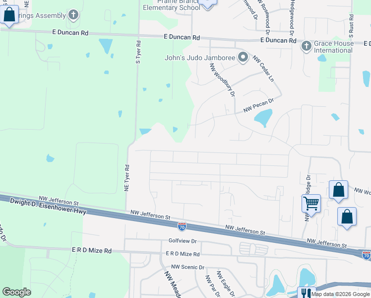 map of restaurants, bars, coffee shops, grocery stores, and more near 1414 Northwest Hilltop Lane in Grain Valley