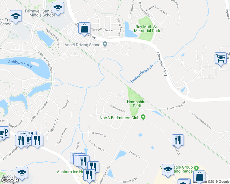 map of restaurants, bars, coffee shops, grocery stores, and more near 44386 Foxthom Terrace in Ashburn