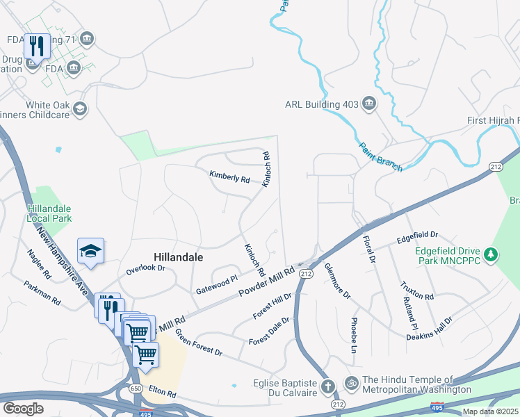 map of restaurants, bars, coffee shops, grocery stores, and more near 2124 Edgewater Parkway in Silver Spring