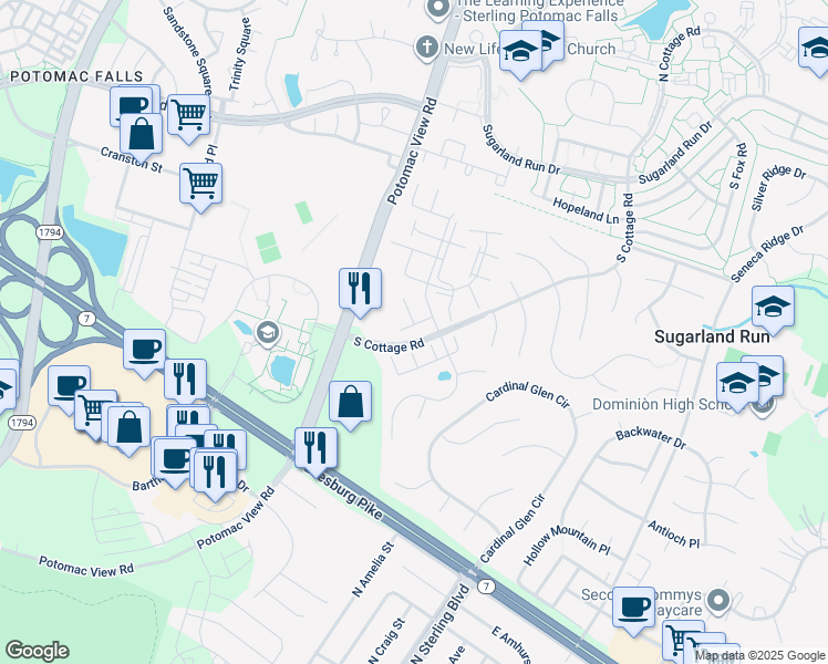 map of restaurants, bars, coffee shops, grocery stores, and more near 46607 Carriage Court in Sterling
