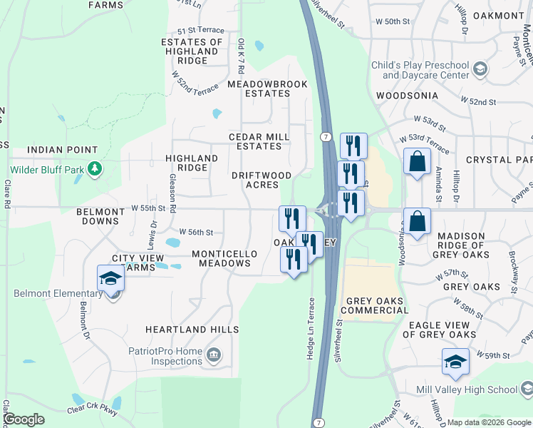 map of restaurants, bars, coffee shops, grocery stores, and more near 5535 Meadowsweet Lane in Shawnee