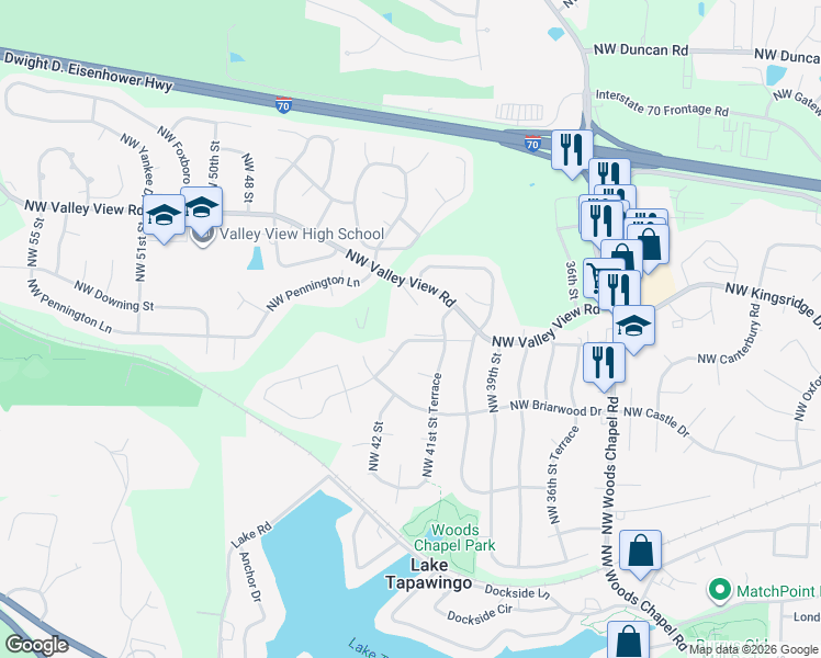 map of restaurants, bars, coffee shops, grocery stores, and more near 913 Northwest 41 Street in Blue Springs