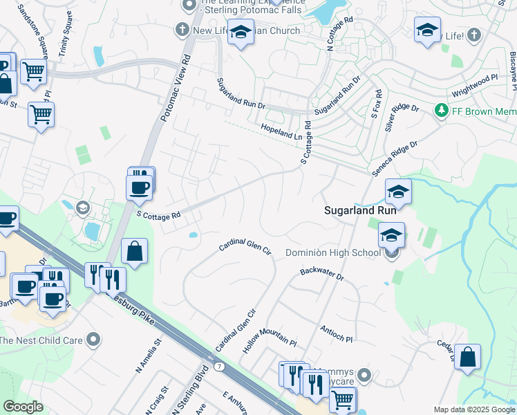 map of restaurants, bars, coffee shops, grocery stores, and more near 313 Samantha Drive in Sterling