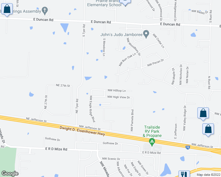 map of restaurants, bars, coffee shops, grocery stores, and more near 1500 Northwest Hilltop Lane in Grain Valley