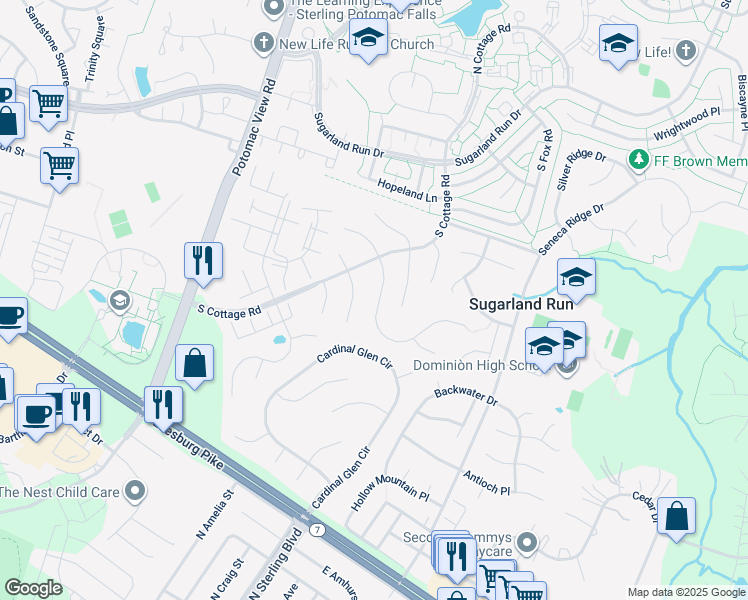 map of restaurants, bars, coffee shops, grocery stores, and more near 313 Samantha Drive in Sterling
