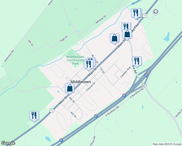 map of restaurants, bars, coffee shops, grocery stores, and more near U.S. 11 in Middletown