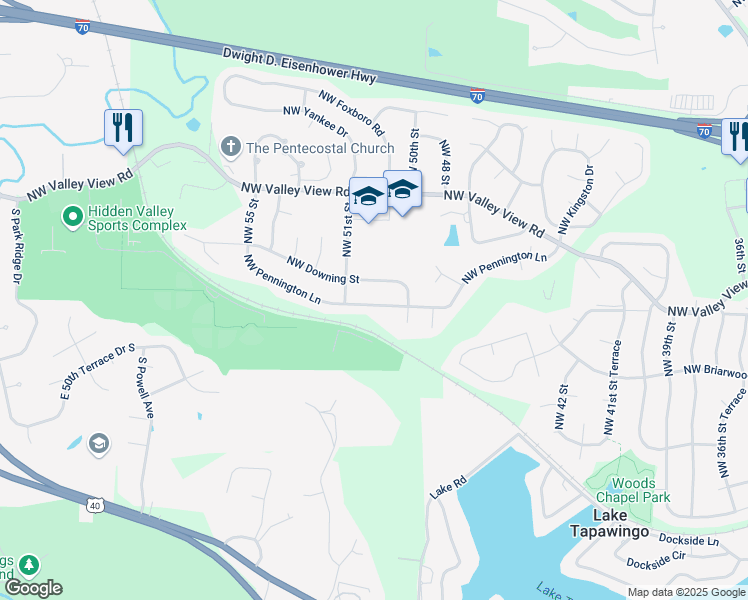 map of restaurants, bars, coffee shops, grocery stores, and more near 4929 Northwest Pennington Lane in Blue Springs