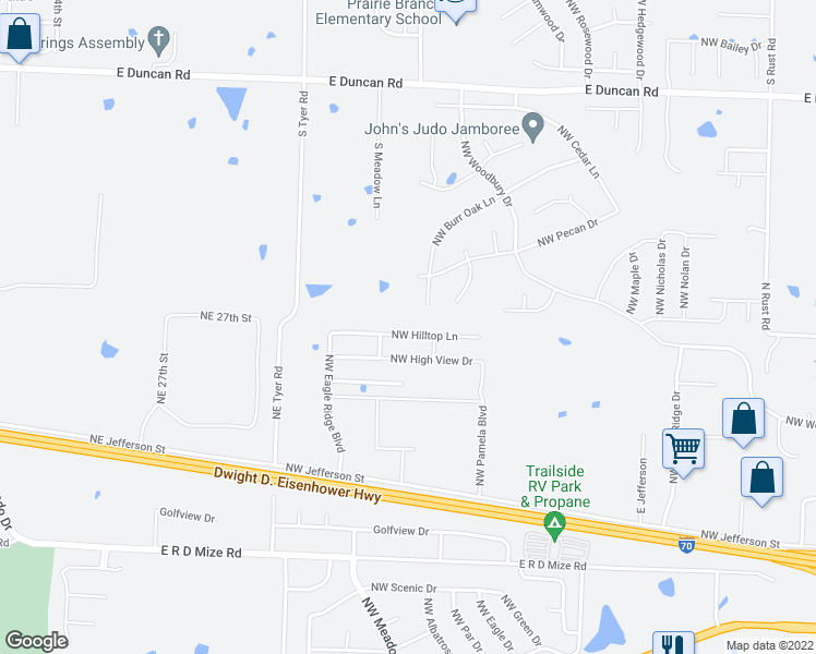 map of restaurants, bars, coffee shops, grocery stores, and more near 1414 Northwest Hilltop Lane in Grain Valley