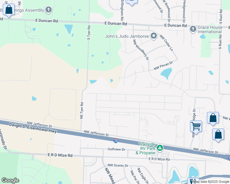 map of restaurants, bars, coffee shops, grocery stores, and more near 1502 Northwest Hilltop Lane in Grain Valley