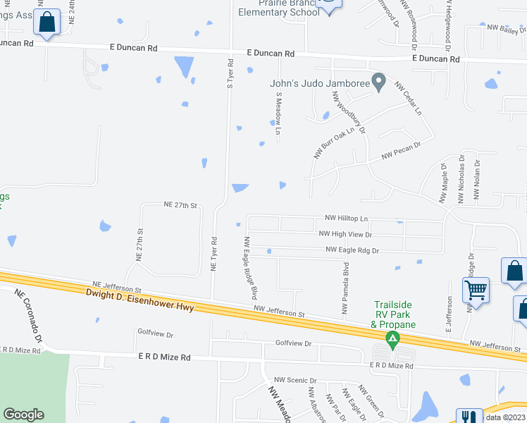 map of restaurants, bars, coffee shops, grocery stores, and more near 1608 Northwest Hilltop Lane in Grain Valley