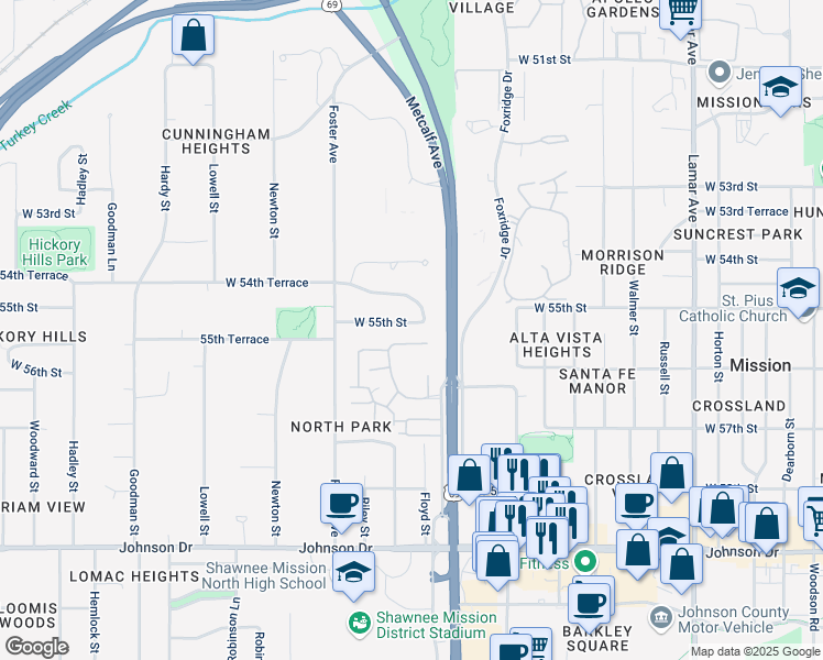 map of restaurants, bars, coffee shops, grocery stores, and more near 7203 West 55th Street in Mission