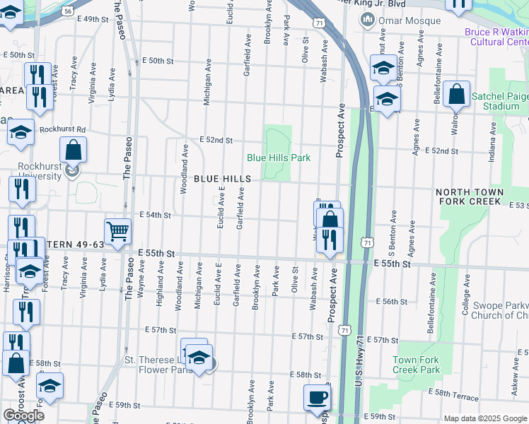 map of restaurants, bars, coffee shops, grocery stores, and more near 5400 Brooklyn Avenue in Kansas City