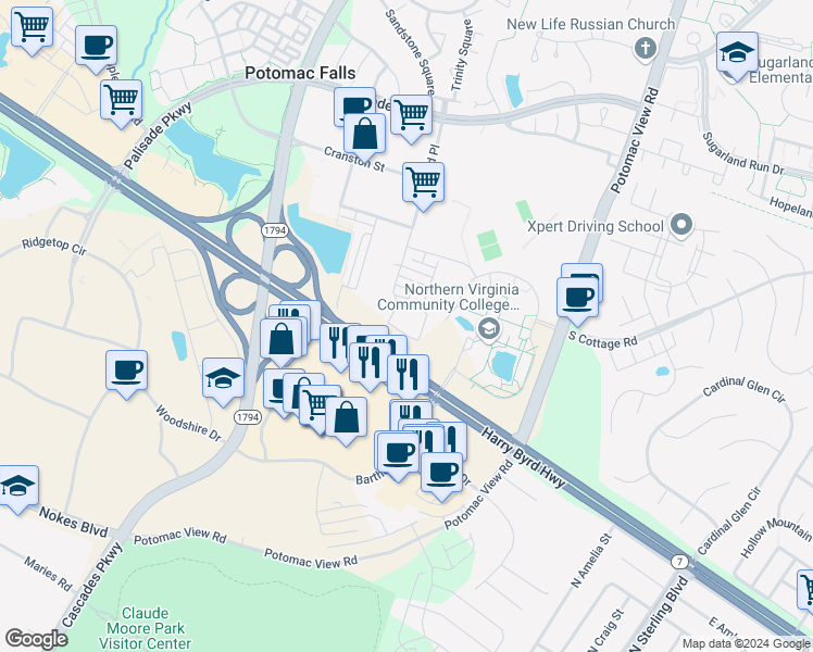 map of restaurants, bars, coffee shops, grocery stores, and more near 21222 McFadden Square in Sterling