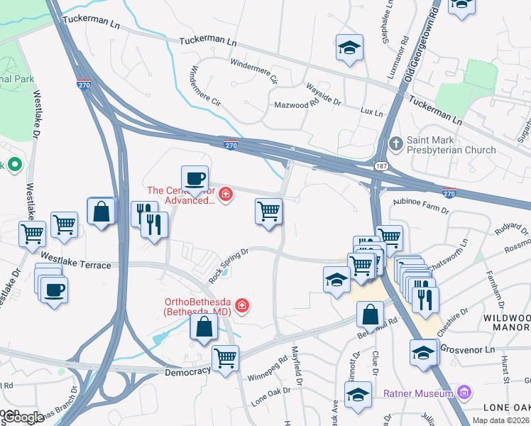 map of restaurants, bars, coffee shops, grocery stores, and more near 6610 Rockledge Drive in Bethesda