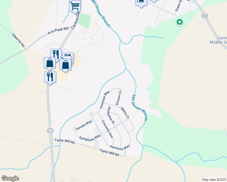 map of restaurants, bars, coffee shops, grocery stores, and more near 358 Overture Way in Centreville