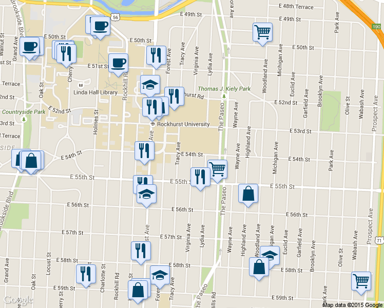 map of restaurants, bars, coffee shops, grocery stores, and more near Virginia Ave & E 54th St in Kansas City