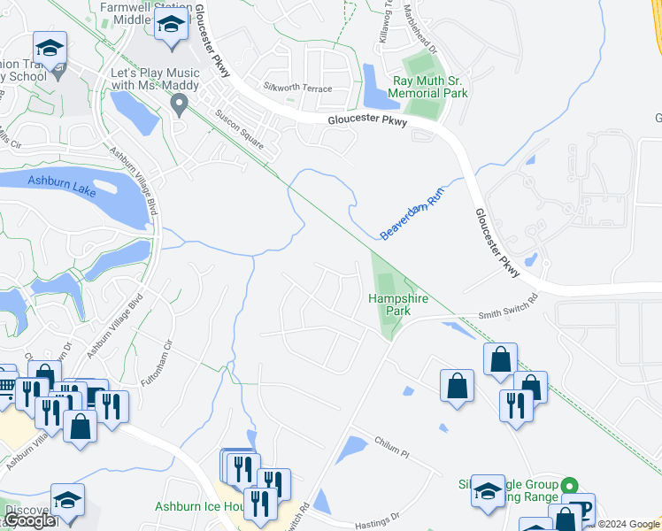 map of restaurants, bars, coffee shops, grocery stores, and more near 44380 Foxthom Terrace in Ashburn