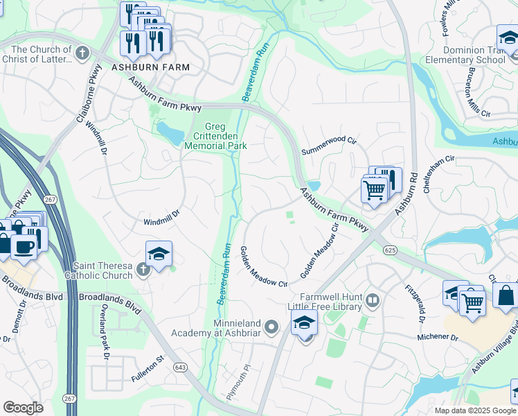 map of restaurants, bars, coffee shops, grocery stores, and more near 43564 Golden Meadow Circle in Ashburn