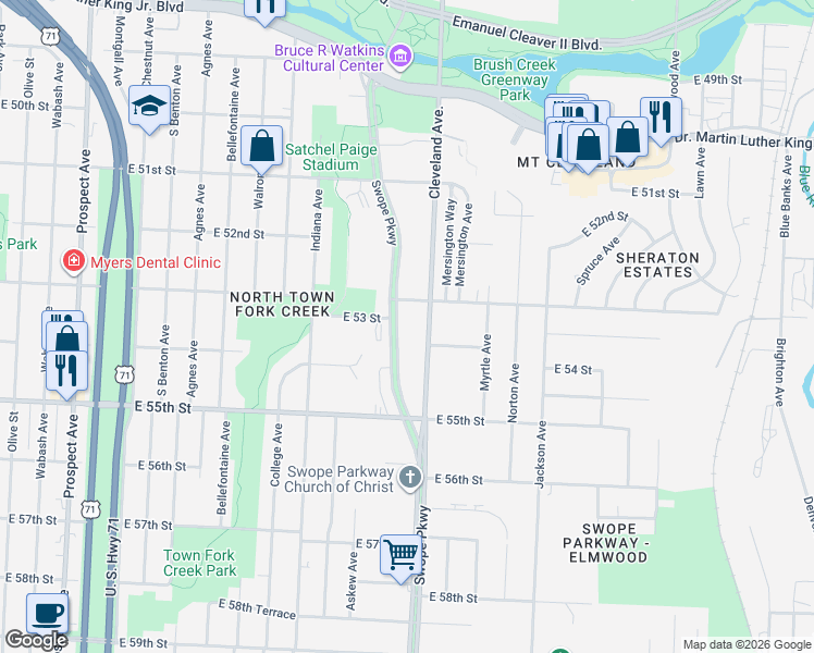 map of restaurants, bars, coffee shops, grocery stores, and more near 5329 Swope Parkway in Kansas City