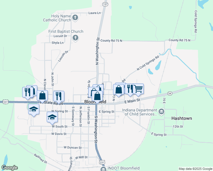 map of restaurants, bars, coffee shops, grocery stores, and more near 264 East Church Street in Bloomfield