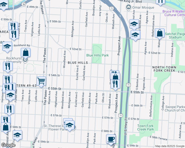 map of restaurants, bars, coffee shops, grocery stores, and more near 5400 Brooklyn Avenue in Kansas City