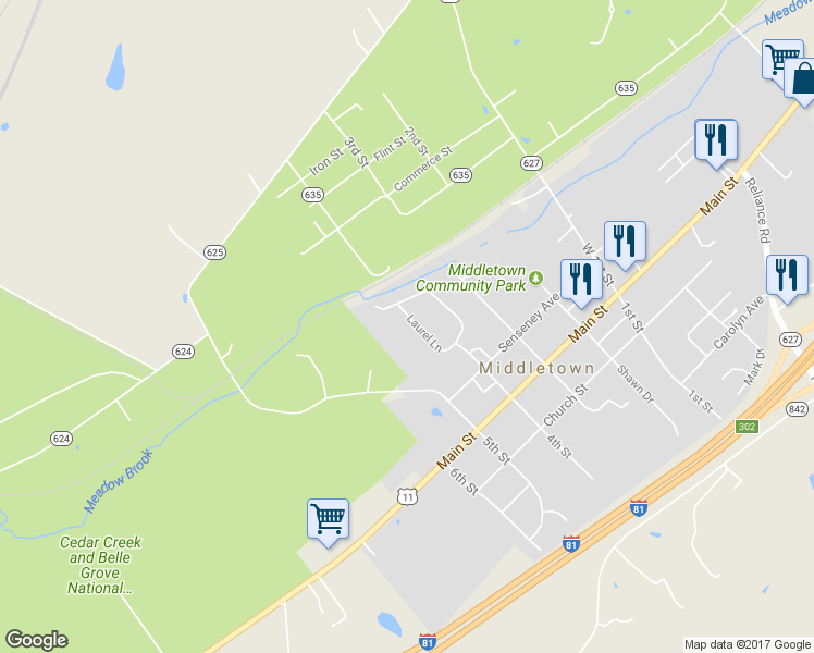 map of restaurants, bars, coffee shops, grocery stores, and more near 2473 Laurel Lane in Middletown