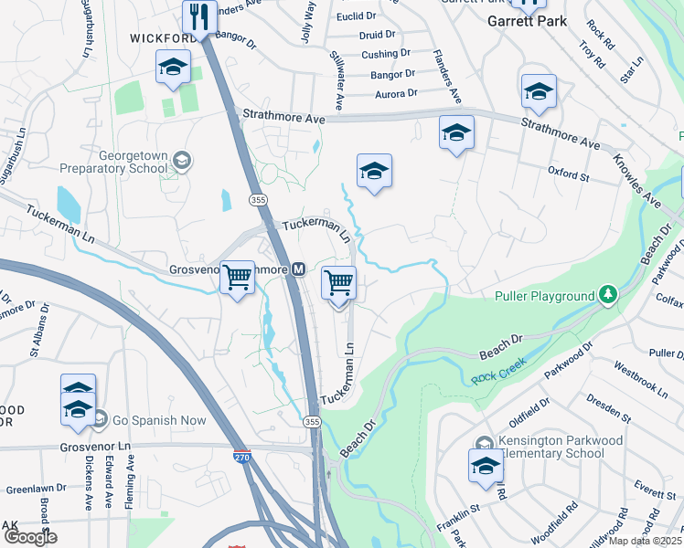 map of restaurants, bars, coffee shops, grocery stores, and more near 10513 Strathmore Hall Street in North Bethesda