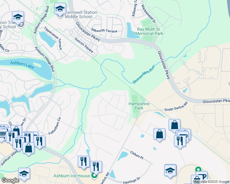 map of restaurants, bars, coffee shops, grocery stores, and more near 44378 Foxthom Terrace in Ashburn