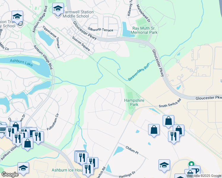 map of restaurants, bars, coffee shops, grocery stores, and more near 44378 Foxthom Terrace in Ashburn