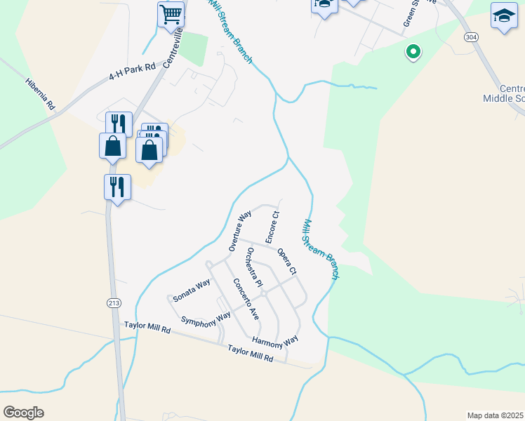 map of restaurants, bars, coffee shops, grocery stores, and more near 358 Overture Way in Centreville