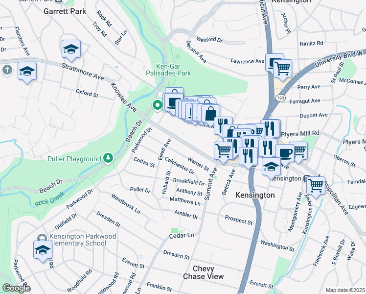 map of restaurants, bars, coffee shops, grocery stores, and more near 4210 Knowles Avenue in Kensington