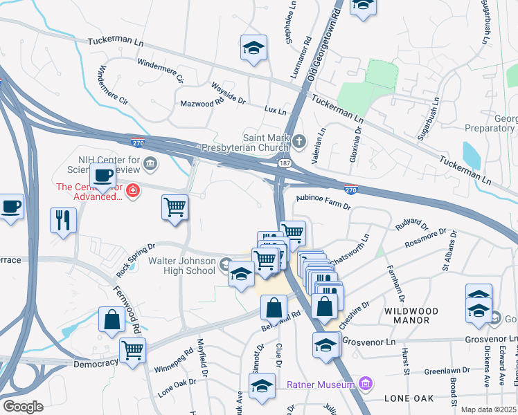 map of restaurants, bars, coffee shops, grocery stores, and more near 6425 Rock Forest Dr in North Bethesda