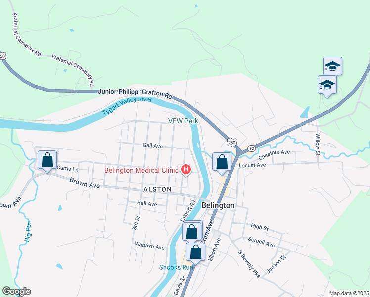 map of restaurants, bars, coffee shops, grocery stores, and more near 303 Dayton Boulevard in Belington