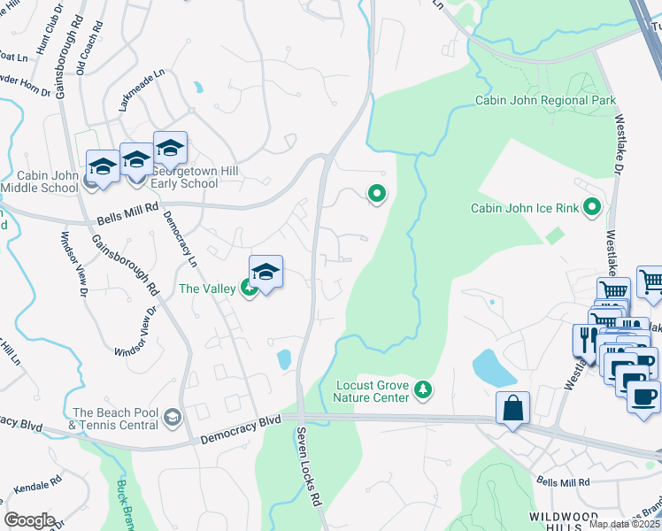 map of restaurants, bars, coffee shops, grocery stores, and more near 10610 Muirfield Drive in Potomac
