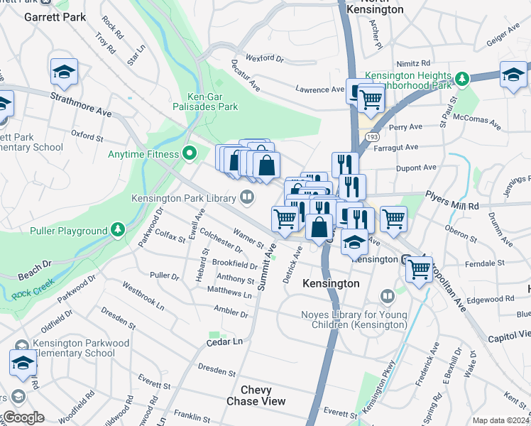 map of restaurants, bars, coffee shops, grocery stores, and more near 4012 Brainard Avenue in Kensington
