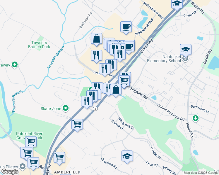 map of restaurants, bars, coffee shops, grocery stores, and more near 1034 Maryland 3 in Gambrills