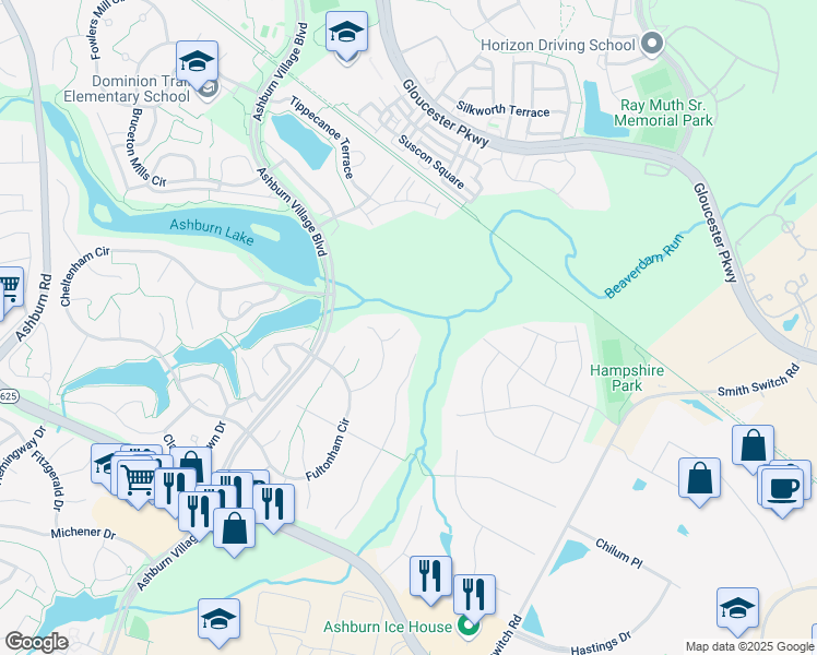 map of restaurants, bars, coffee shops, grocery stores, and more near 44223 Palladian Ct in Ashburn