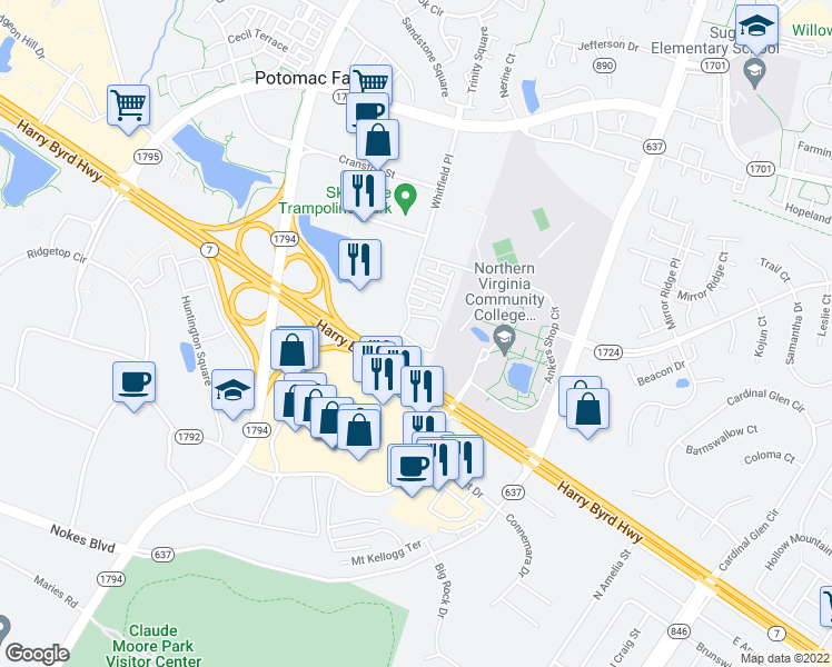 map of restaurants, bars, coffee shops, grocery stores, and more near 21216 McFadden Square in Sterling