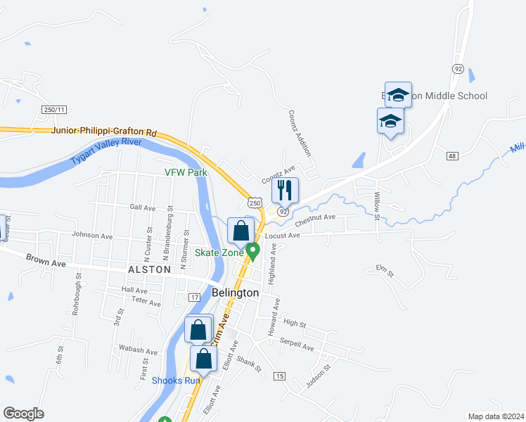 map of restaurants, bars, coffee shops, grocery stores, and more near Junior-Philippi-Grafton Rd in Belington