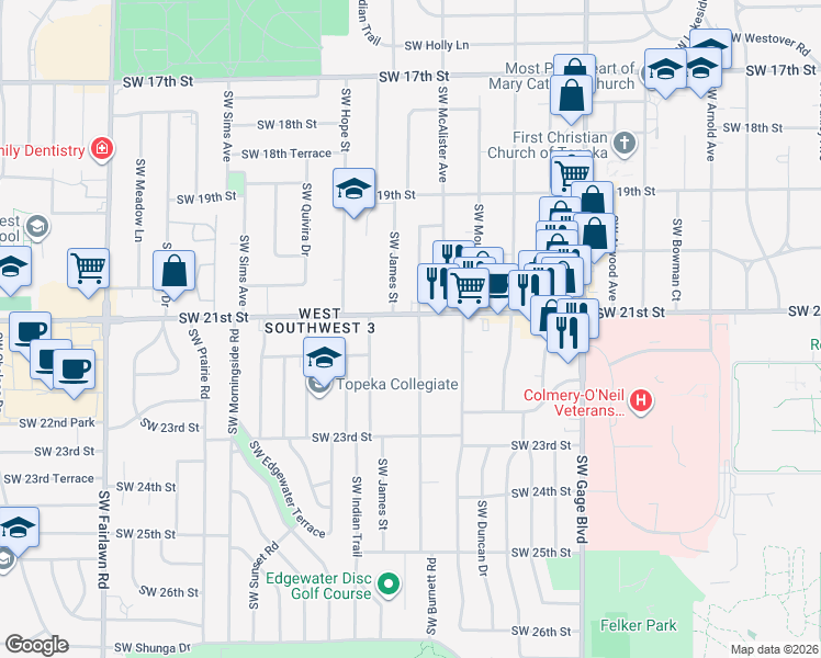 map of restaurants, bars, coffee shops, grocery stores, and more near 2137 Southwest Burnett Road in Topeka