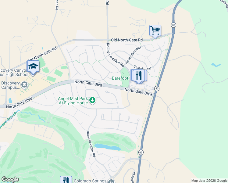 map of restaurants, bars, coffee shops, grocery stores, and more near 13604 Random Ridge View in Colorado Springs