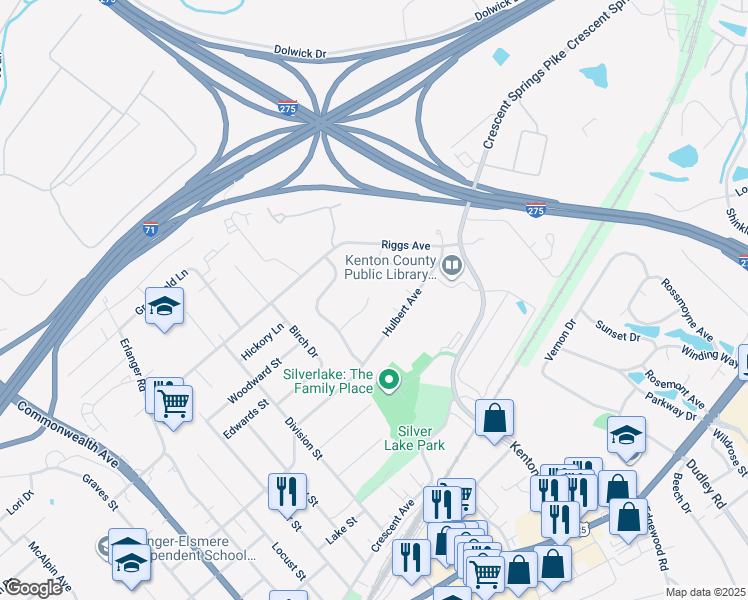 map of restaurants, bars, coffee shops, grocery stores, and more near 3120 Hulbert Avenue in Erlanger