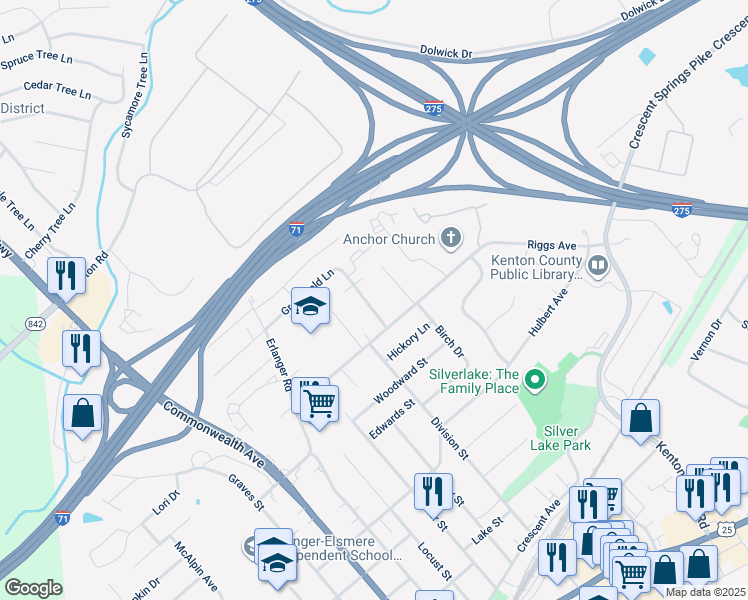 map of restaurants, bars, coffee shops, grocery stores, and more near 506 Greenfield Lane in Erlanger